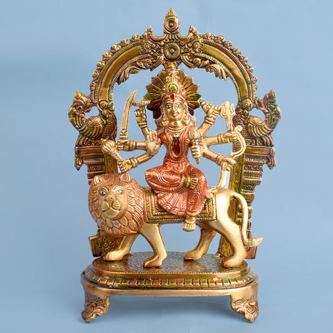 11.8 Inch Stunning Sherawali Mata Idol Brass Statue featuring intricate detailing, perfect for spiritual home decor, temple worship, and devotional gifting. India’s Largest Brass Idols Brand - www.satvikworld.com