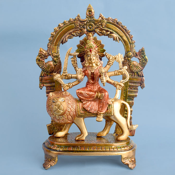 11.8 Inch Stunning Sherawali Mata Idol Brass Statue featuring intricate detailing, perfect for spiritual home decor, temple worship, and devotional gifting. India’s Largest Brass Idols Brand - www.satvikworld.com
