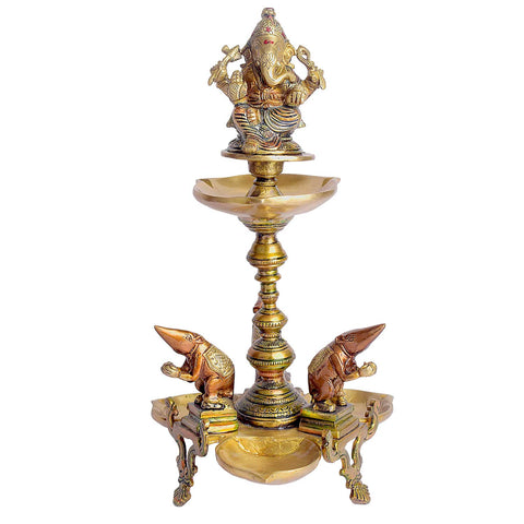 14.6 inch brass diya stand designed for pooja ceremonies, home temple décor, and spiritual ambiance. India’s Largest Brass Idols Brand - www.satvikworld.com