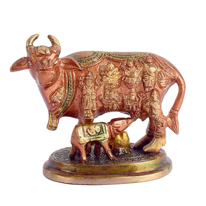 3.9 inch pure brass Kamdhenu cow with calf idol symbolizing prosperity, divine blessings, and abundance. India’s Largest Brass Idols Brand - www.satvikworld.com
