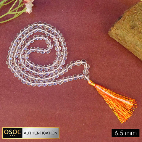 6.5mm Sphatik Diamond Cut Clear Quartz Crystal Jaap Mala with 108 Beads for Positive Energy and Meditation. India’s Premium Jap Mala Store - www.satvikworld.com