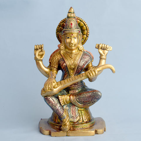 8.7 Inch Divine Brass Saraswati Maa Idol | Goddess Statue Brass Statue featuring intricate detailing, perfect for spiritual home decor, temple worship, and devotional gifting. India’s Largest Brass Idols Brand - www.satvikworld.com