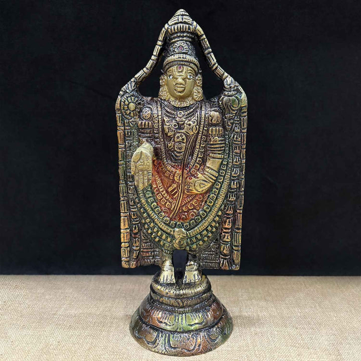 8-inch Tirupati Balaji idol in antique finish brass, showcasing Lord Venkateshwara in a divine and majestic form, symbolizing blessings and spiritual grace. Perfect for pooja rooms and spiritual spaces. India’s Largest Pooja Accessories Brand – www.satvikworld.com