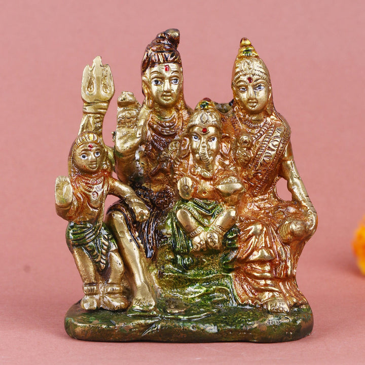 Brass Sampurna Shiv Parivaar idol, intricately crafted to depict the complete Lord Shiva family, including Lord Shiva, Goddess Parvati, Lord Ganesha, and Lord Kartikeya. A perfect addition to pooja rooms, home temples, or as a spiritual gift. India’s Largest Pooja Accessories Brand – www.satvikworld.com