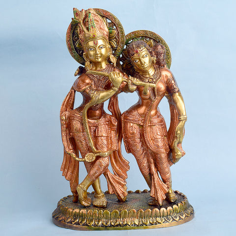 11 Inch Brass Radha Krishna Standing Together Statuefeaturing intricate detailing, perfect for spiritual home decor, temple worship, and devotional gifting. India’s Largest Brass Idols Brand - www.satvikworld.com
