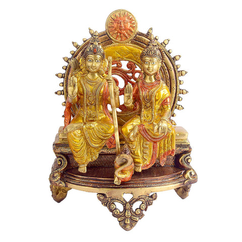 13 Inch Ram Sita Brass Idol Seated on Throne Brass Statue featuring intricate detailing, perfect for spiritual home decor, temple worship, and devotional gifting. India’s Largest Brass Idols Brand - www.satvikworld.com