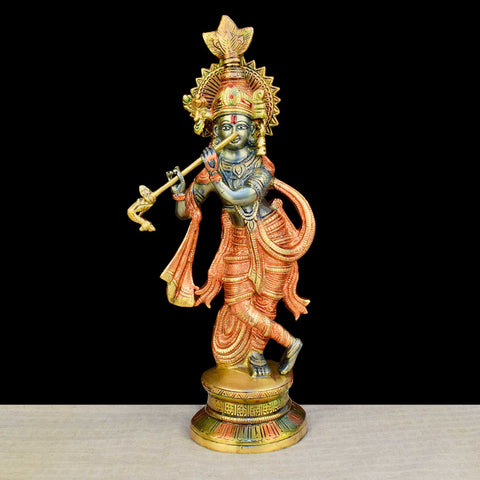 15-inch colored Lord Krishna statue beautifully crafted for divine home and temple décor, symbolizing love, devotion, and spiritual grace. India’s Largest Brass Idols Brand - www.satvikworld.com
