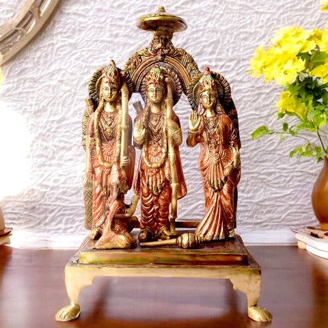 19 Inches Exquisite Brass Ram Darbar Idol – A magnificent and detailed idol featuring Lord Ram, Goddess Sita, Lakshman, and Hanuman, symbolizing divine harmony and protection. Ideal for your home temple or spiritual space. India’s Largest Pooja Accessories Brand – www.satvikworld.com