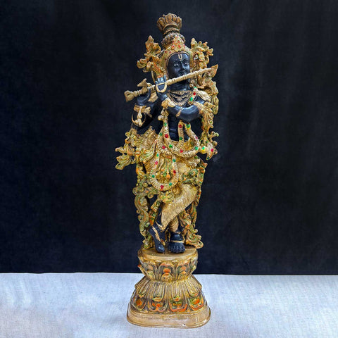 28 Inch Brass Krishna Sculpture with Artistic Detailing – A beautifully crafted brass sculpture of Lord Krishna, showcasing intricate artistic detailing that symbolizes devotion and divine presence. Ideal for large home temples, spiritual décor, and religious displays. India’s Largest Pooja Accessories Brand – www.satvikworld.com
