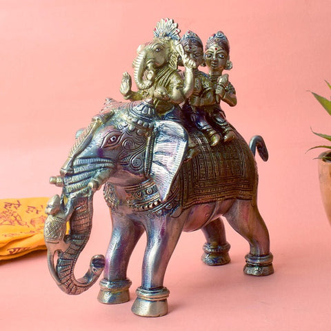8 Inch Brass Lord Ganesh Sitting On An Elephant Riding With Riddhi And Siddhi – A beautifully detailed brass statue of Lord Ganesh seated on an elephant, accompanied by Riddhi and Siddhi, symbolizing prosperity and wisdom. Ideal for home decor and spiritual worship. India’s Largest Pooja Accessories Brand – www.satvikworld.com