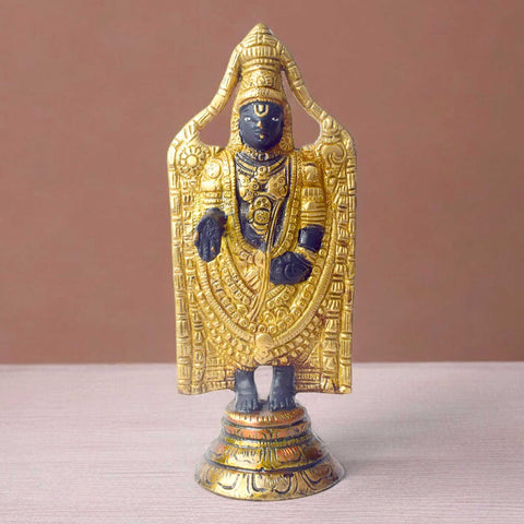 8-inch divine brass Tirupati Balaji sculpture with black and gold accents, depicting Lord Venkateshwara in a majestic form, symbolizing blessings and divine grace. Perfect for pooja rooms and spiritual spaces. India’s Largest Pooja Accessories Brand – www.satvikworld.com