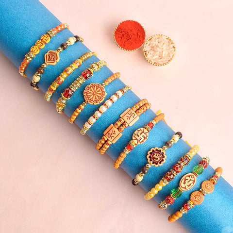 Assortment of 12 Rakhis, featuring different designs, threads, and embellishments for Raksha Bandhan. India’s Largest Pooja Accessories Brand - www.satvikworld.com