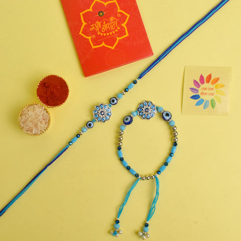 Designer Couple Rakhi Set for Bhaiya and Bhabhi with Roli Chawal and Ram Sita Stickers – Raksha Bandhan Gift Combo. India’s Largest Brass Idols Brand - www.satvikworld.com