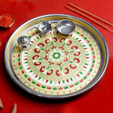 Artistic printed stainless steel Aarti plate set with traditional Indian motifs, perfect for pooja, festive ceremonies, and gifting. India’s Largest Pooja Accessories Brand – www.satvikworld.com