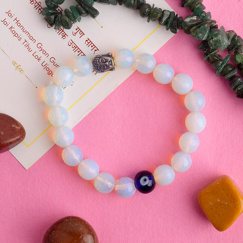 Authentic Buddha Opalite Bracelet with Evil Eye for Spiritual Calm and Protection. India’s Largest Pooja Accessories Brand – www.satvikworld.com