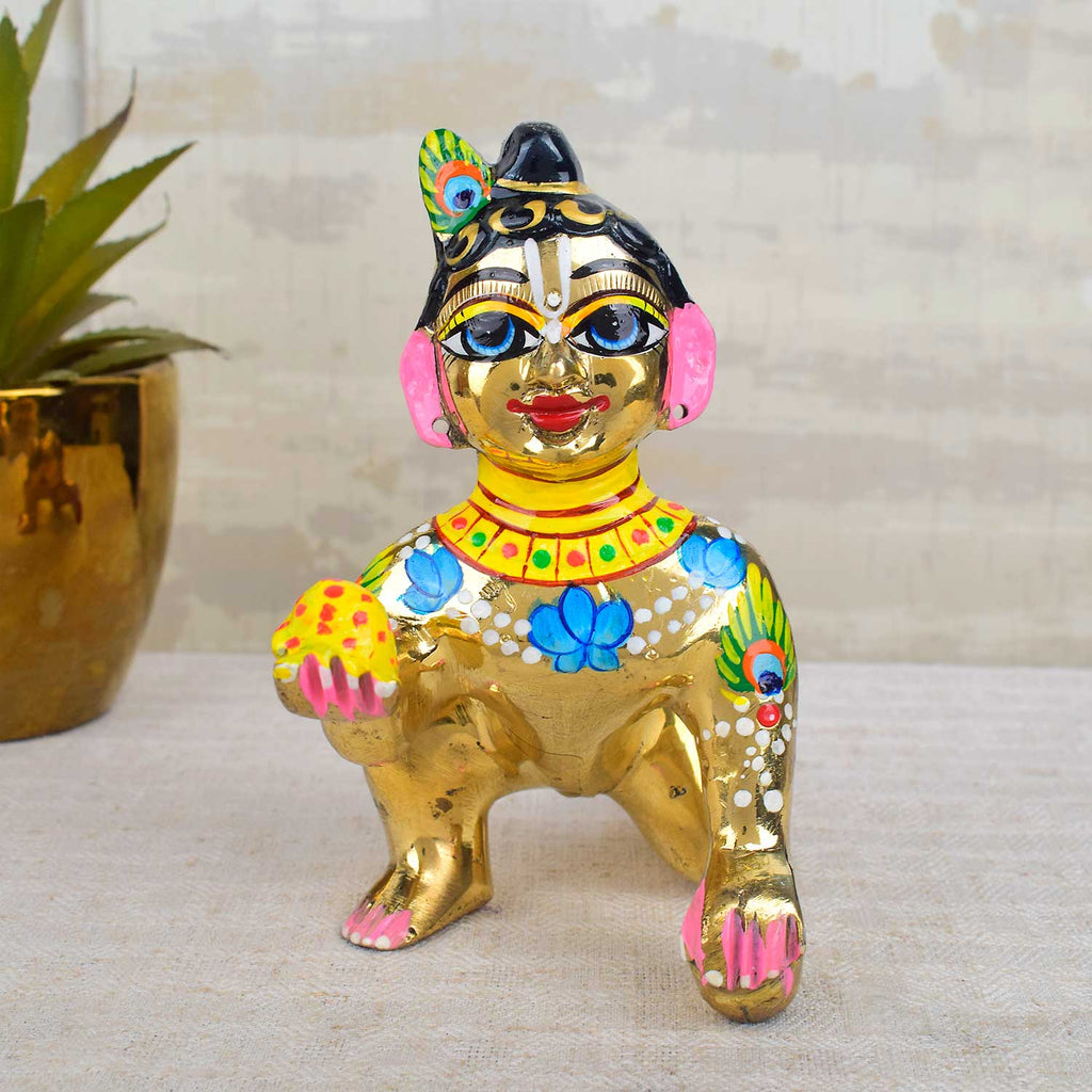 Brass Bal Gopal Idol (Size 7) depicting Laddu Gopal in a playful pose for home temple worship. India’s Largest Pooja Accessories Brand - www.satvikworld.com