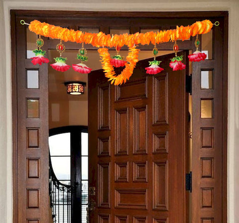 Bright and vibrant Artificial Flower Bandarwal Floral Toran (Design-16) featuring orange and yellow flowers with green leaves, ideal for festive door decoration and traditional Indian celebrations. India’s Largest Pooja Accessories Brand – www.satvikworld.com