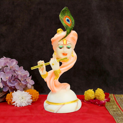 Divine resin statue of Lord Krishna with a peacock feather on his head and holding a flute in vibrant orange color, beautifully crafted to symbolize divine charm, love, and devotion. Perfect for worship, gifting, or home décor. India’s Largest Pooja Accessories Brand – www.satvikworld.com