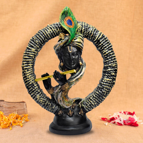 Divine Embrace: Black resin statue of Lord Krishna encircled by a ring, symbolizing love, devotion, and divine unity. Intricately crafted, perfect for worship, gifting, or home décor. India’s Largest Pooja Accessories Brand – www.satvikworld.com