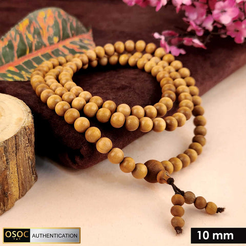 Certified 10mm 100% original authentic Mysore white sandalwood (Chandan) jap mala, crafted with smooth round beads for meditation, prayer, and spiritual practices.India’s Premium Jap Mala Store - www.satvikworld.com