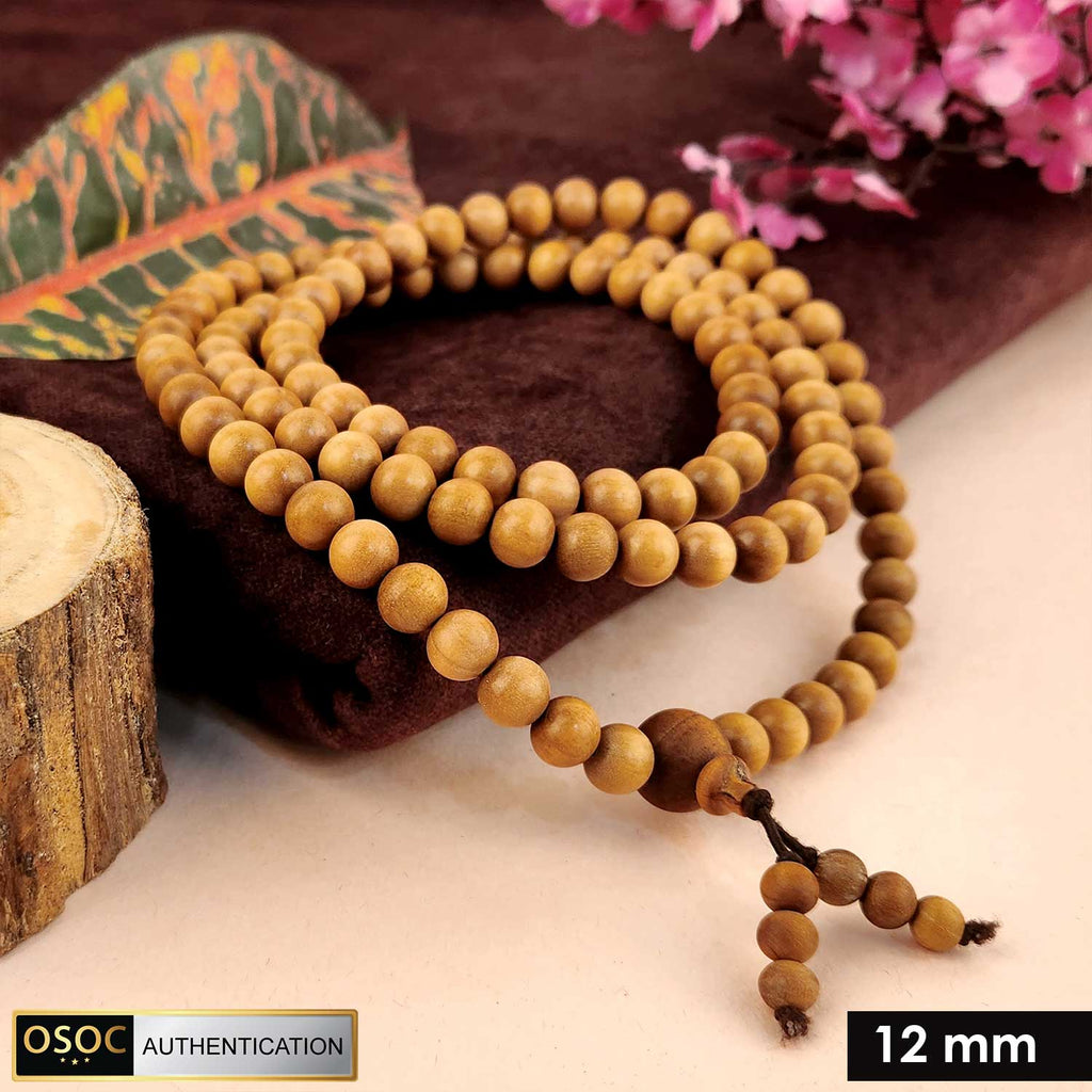 Certified 12mm 100% original authentic Mysore white sandalwood (Chandan) jap mala, handcrafted with large smooth beads for meditation, prayer, and spiritual rituals. India’s Premium Jap Mala Store - www.satvikworld.com