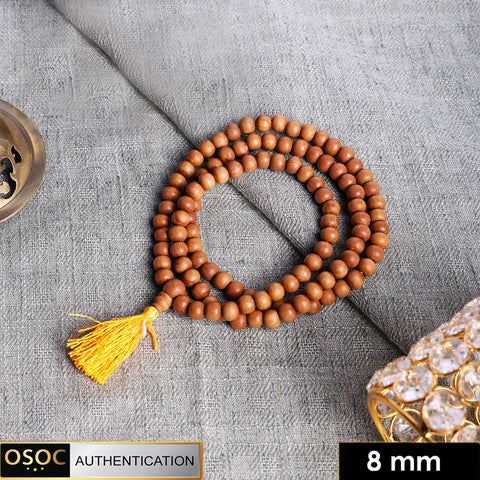 Certified 8mm 100% original authentic Mysore white sandalwood (Chandan) jap mala with smooth round beads, ideal for meditation, chanting, and spiritual rituals. India’s Premium Jap Mala Store - www.satvikworld.com
