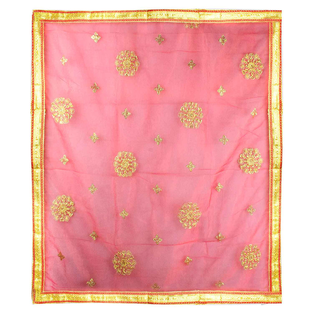 Traditional Pink Pooja Chunri with Golden Embroidered Motifs – 110x214 cm (43.3x84.2 inches), perfect for Hindu rituals, temple decor, and festive celebrations like Diwali and Navratri in the USA.