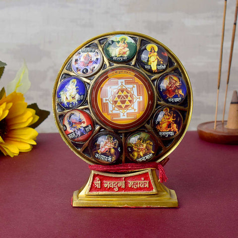 Brass Shri Navdurga Maha Yantra engraved with the nine divine forms of Maa Durga—crafted to channel protection, strength, and spiritual power into your home or sacred space. India’s Largest Pooja Accessories Brand - www.satvikworld.com