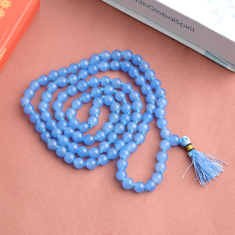 Premium Hakik Jap Mala with Blue Calcite Beads – A Spiritual Meditation Mala for Calmness, Communication, and Emotional Healing. India’s Premium Hakik Jap Mala Store - www.satvikworld.com
