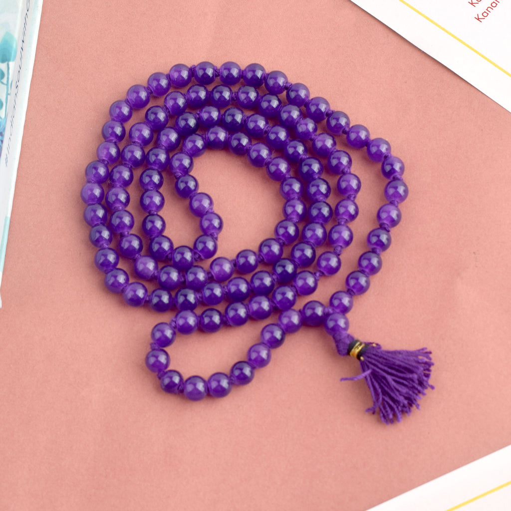 Premium Hakik Jap Mala with Purple Amethyst Beads – A Spiritual Meditation Mala for Intuition, Protection, and Emotional Healing. India’s Premium Hakik Jap Mala Store - www.satvikworld.com
