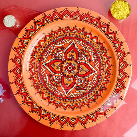 Decorative pooja thali with intricate mandala design, perfect for festive rituals and spiritual ceremonies India’s Largest Pooja Accessories Brand – www.satvikworld.com