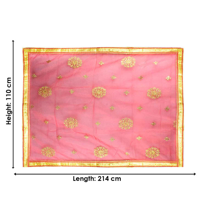 Traditional Pink Pooja Chunri with Golden Embroidered Motifs – 110x214 cm (43.3x84.2 inches), perfect for Hindu rituals, temple decor, and festive celebrations like Diwali and Navratri in the USA.
