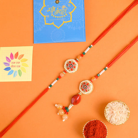 Designer Couple Rakhi Set for Bhaiya and Bhabhi with Roli Chawal and Ram Sita Stickers – Raksha Bandhan Gift Combo. India’s Largest Brass Idols Brand - www.satvikworld.com