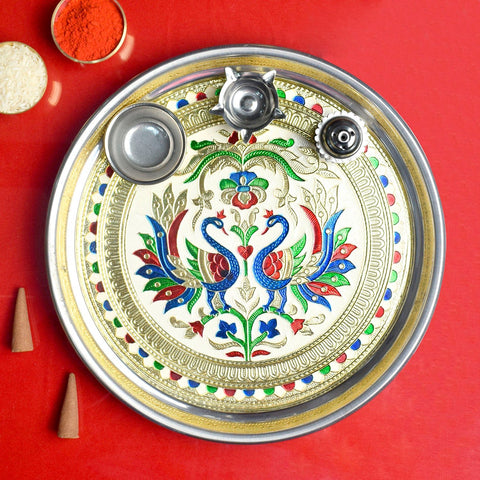 Divinity Defined Stainless Steel Printed Aarti Thali Set featuring colorful spiritual prints, ideal for daily worship, puja ceremonies, and festive rituals. India’s Largest Pooja Accessories Brand – www.satvikworld.com