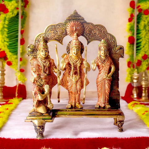 Elegant Brass Ram Darbar Murti - Large – A beautifully crafted brass statue of Lord Ram, Sita, Lakshman, and Hanuman, depicting the divine family. Ideal for spiritual decor, temples, and home altars. India’s Largest Pooja Accessories Brand – www.satvikworld.com