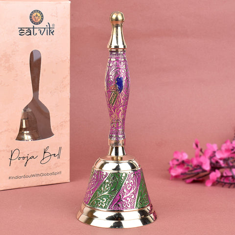 Elegant handcrafted brass puja bell with dual-tone pink and green enamel finish, perfect for traditional rituals and daily worship. India’s Largest Pooja Accessories Brand – www.satvikworld.com