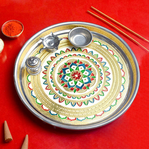 Elegant stainless steel printed Pooja Aarti Thali Set with spiritual motifs, perfect for daily rituals and festive puja ceremonies. India’s Largest Pooja Accessories Brand – www.satvikworld.com