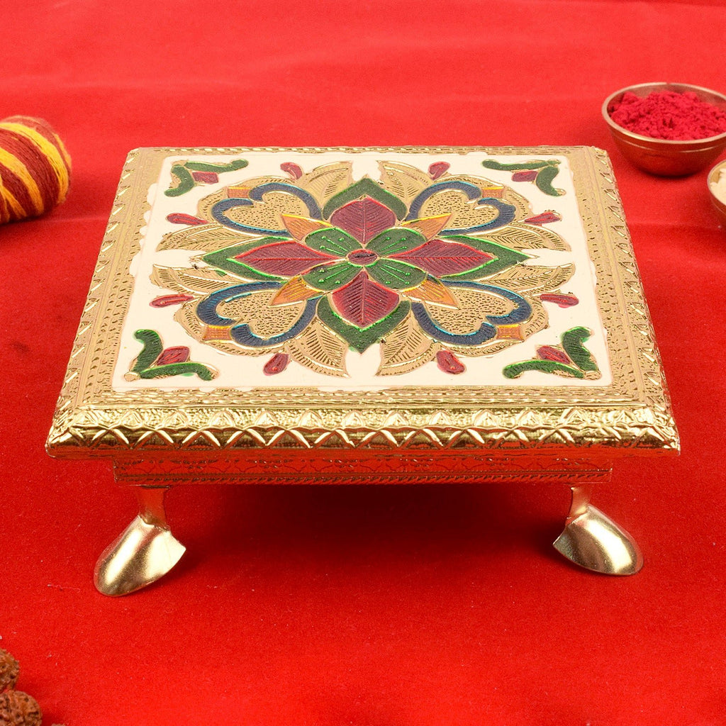 Elegantly crafted wooden chowki with beautiful Meenakari work and floral designs for pooja and home decor. India’s Largest Pooja Accessories Brand – www.satvikworld.com
