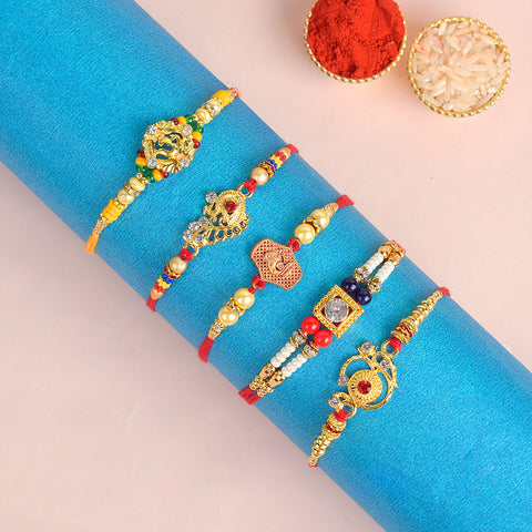 Set of 5 Designer Rakhi Threads with Roli Chawal and Ram Sita Stickers for Raksha Bandhan Celebration. India’s Largest Pooja Accessories Brand - www.satvikworld.com