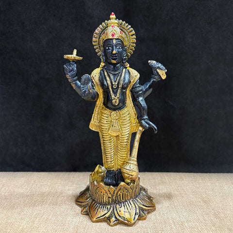 7-inch majestic Lord Vishnu Ji statue, beautifully crafted in black and gold, symbolizing divine presence, protection, and cosmic harmony. Ideal for pooja rooms, home temples, or as a spiritual gift to invoke blessings and peace. India’s Largest Pooja Accessories Brand – www.satvikworld.com