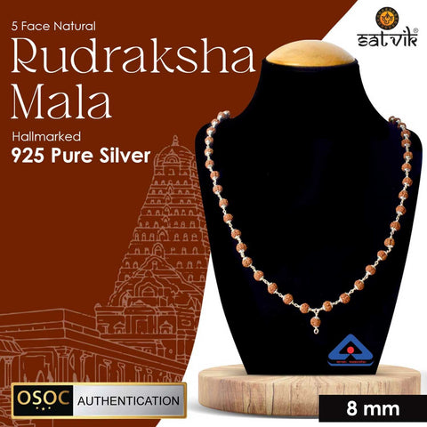 Hallmarked 925 Pure Silver Panchmukhi Rudraksha Mala featuring five-faced sacred beads, meticulously crafted in premium silver to enhance spiritual strength, tranquility, and prosperity. India’s Premium Rudraksha Jap Mala Store- www.satvikworld.com