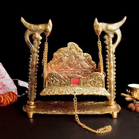 Handcrafted Metal Peacock Jhula for Laddu Gopal – vibrant designer swing with peacock motifs, ideal for Janmashtami and pooja décor. India’s Largest Pooja Accessories Brand – www.satvikworld.com