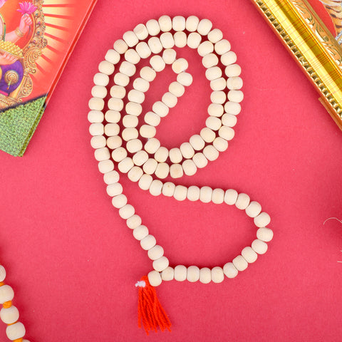Handcrafted Wooden White Jap Mala with 108 beads, designed for meditation and mantra chanting. Made from natural white wood, providing a serene and calming energy. India’s Largest Pooja Accessories Brand – www.satvikworld.com