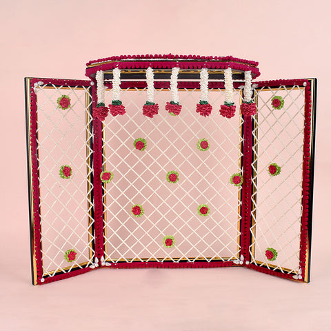 15 Inch Incredible Ganesha Phool Bangla in vibrant red floral design, ideal for large Ganesh idol backdrop and festive mandap decorations India’s Largest Pooja Accessories Brand – www.satvikworld.com