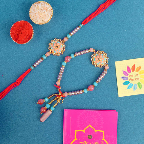 Designer Couple Rakhi Set for Bhaiya and Bhabhi with Roli Chawal and Ram Sita Stickers – Raksha Bandhan Gift Combo. India’s Largest Brass Idols Brand - www.satvikworld.com