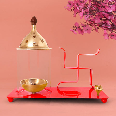 Large red Brass and Metal Swastik Chimney Diya Tray with Incense Holder, perfect for enhancing spiritual ceremonies and festive celebrations. India’s Largest Pooja Accessories Brand – www.satvikworld.com