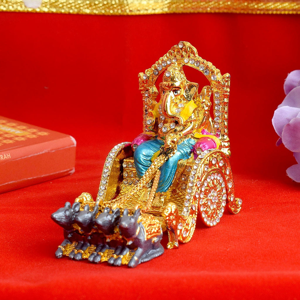 Metal Ganpati on Rath Statue – A magnificent metal sculpture depicting Lord Ganesha riding a chariot, symbolizing triumph and divine blessings.India’s Largest Pooja Accessories Brand – www.satvikworld.com