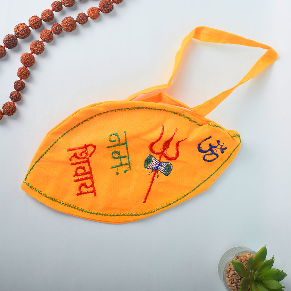 100% Cotton Yellow Om Namah Shivaya Printed Jap Mala Jholi Bag for storing prayer beads, ideal for meditation, chanting, and spiritual practices – lightweight and durable devotional accessory. India’s Largest Pooja Accessories Brand – www.satvikworld.com
