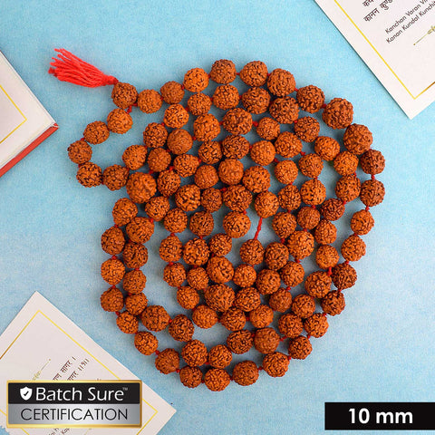 Panchmukhi Rudraksh Jaap Mala with 10mm beads, made from sacred Rudraksha seeds. The mala is used for mantra chanting, meditation, and spiritual practices, offering protection, healing, and divine blessings. India’s Premium Jap Mala Store- www.satvikworld.com