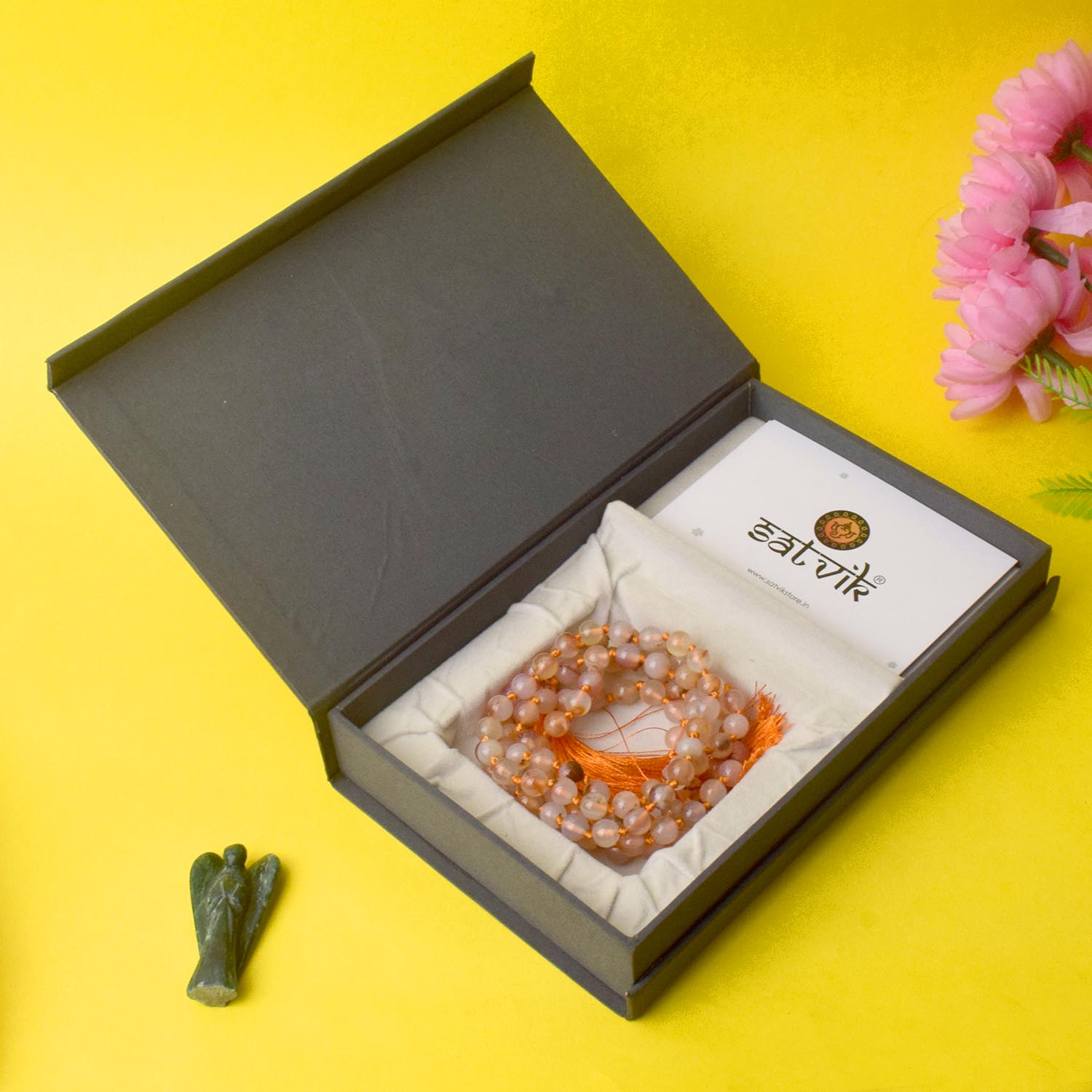 Premium Hakik Jap Mala with Peach & Yellow Aventurine Beads – A Spiritual Meditation Mala for Confidence, Positivity, and Emotional Healing. India’s Premium Hakik Jap Mala Store - www.satvikworld.com

